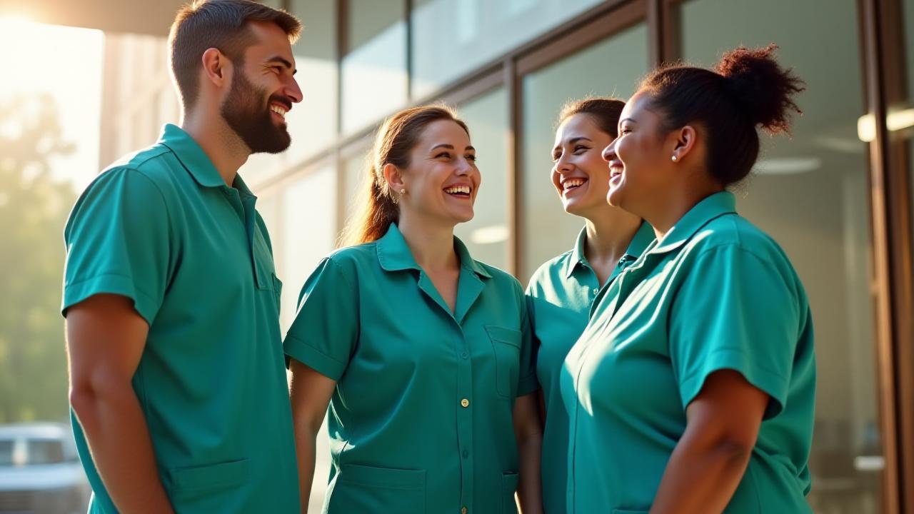 The smiling team of Olympus Cleanse in professional uniforms standing in a bright London workspace