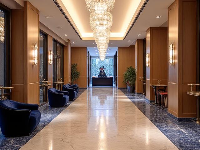 Luxury hotel lobby with polished floors and immaculate furniture