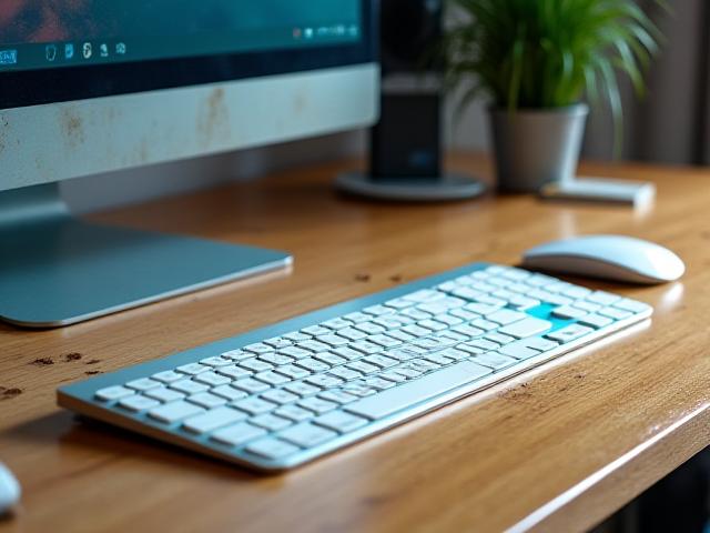 Side by side comparison of a cluttered, dusty office desk versus a sanitized, organized workspace