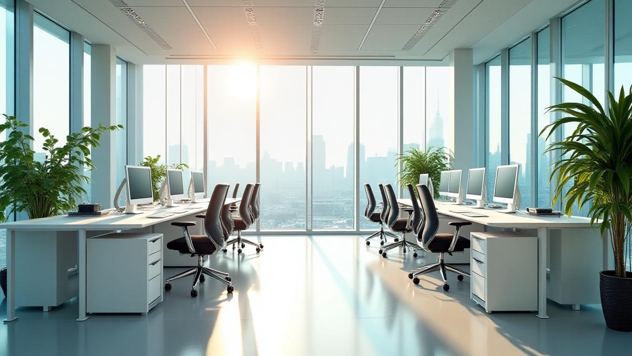 Modern, sun-drenched London office space with pristine white desks and ergonomic chairs