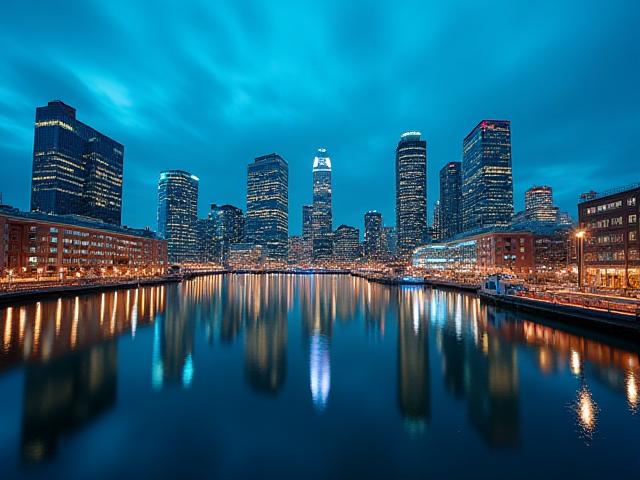 High-rise skyline of Canary Wharf reflect in water