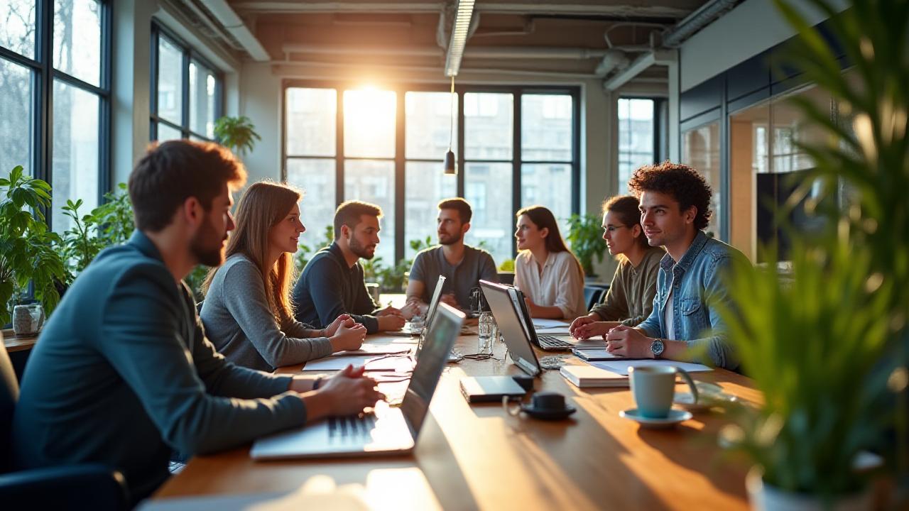 Creative team collaborating in a clean, modern London startup hub